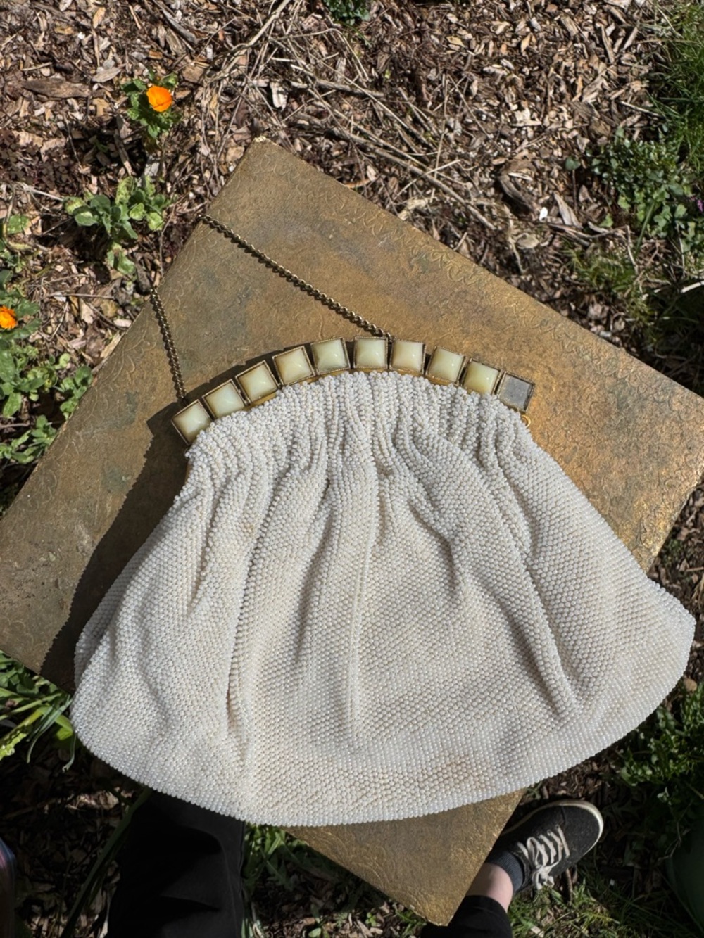 Cream Beaded Evening Bag with Chain Strap- vintage
